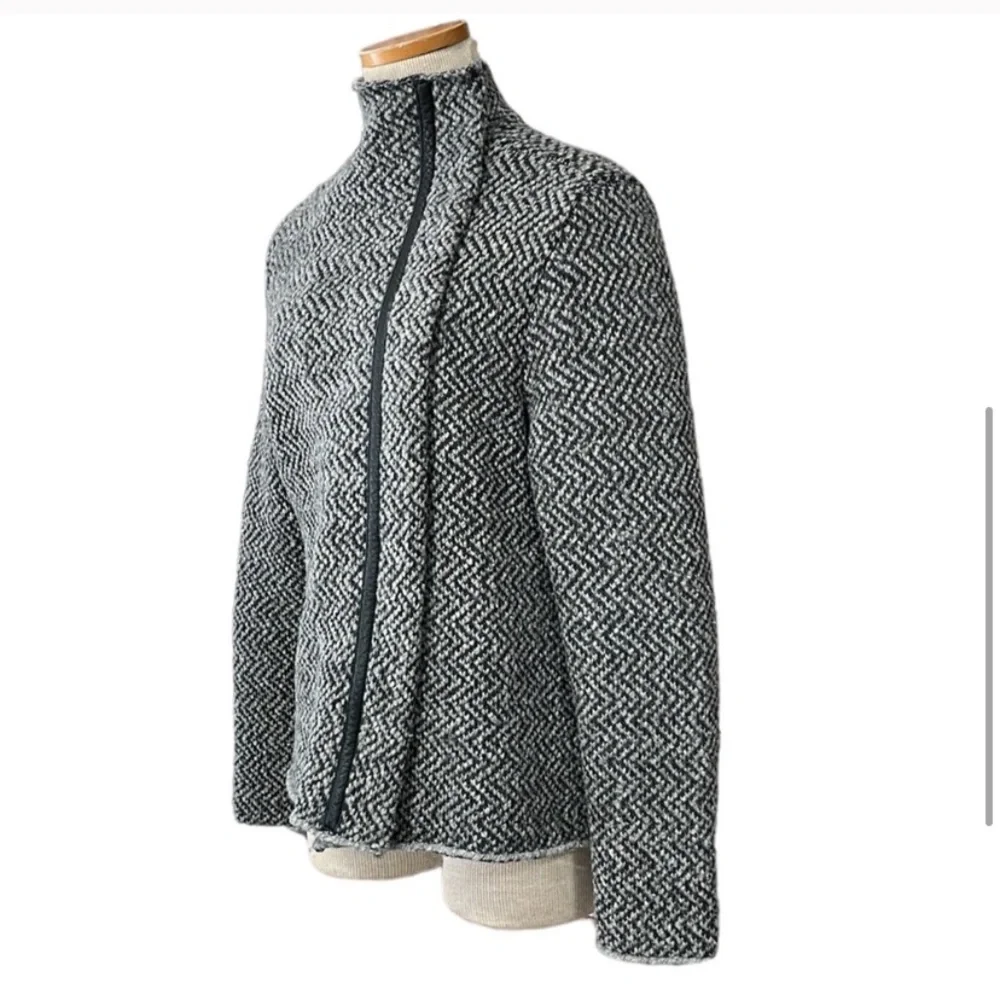 Eileen Fisher Jacket Leather Trim Organic Wool Alpaca Gray Chevron Size Medium - Picture 2 of 6